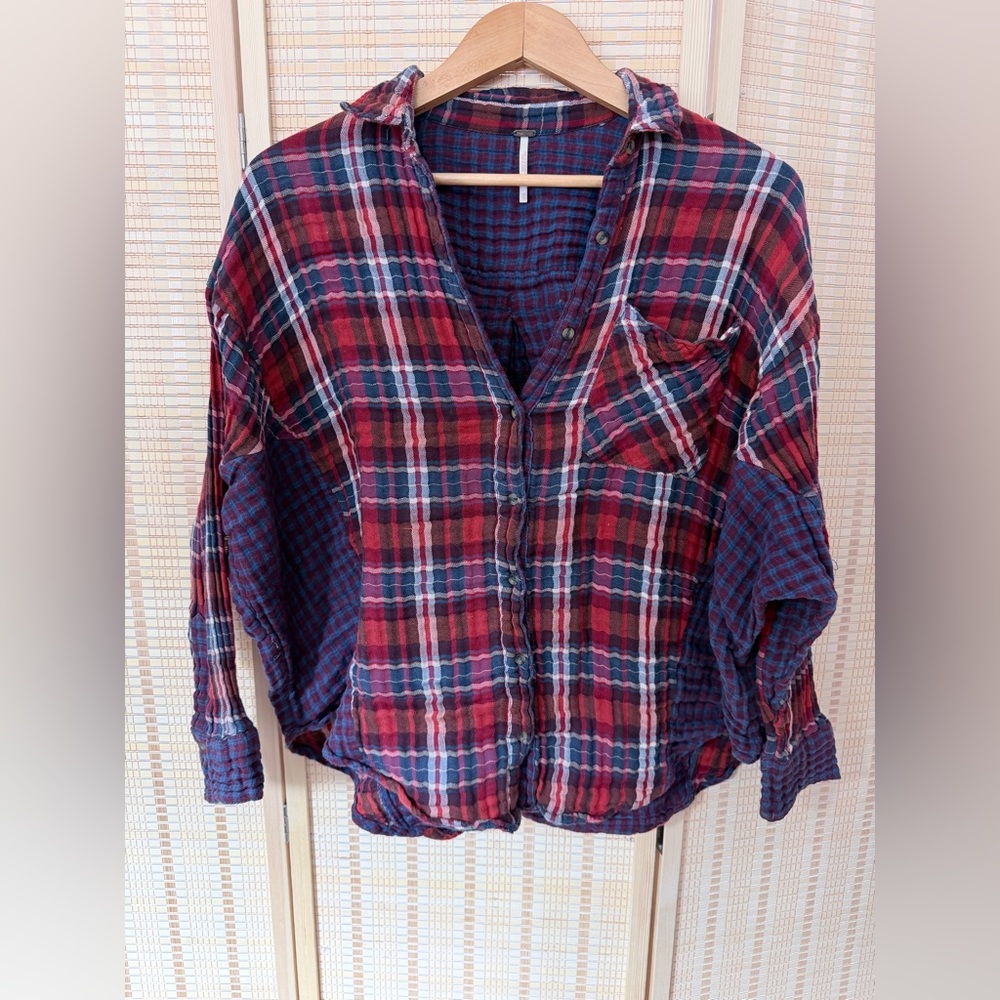 Free People Maroon and Navy Checkered Top